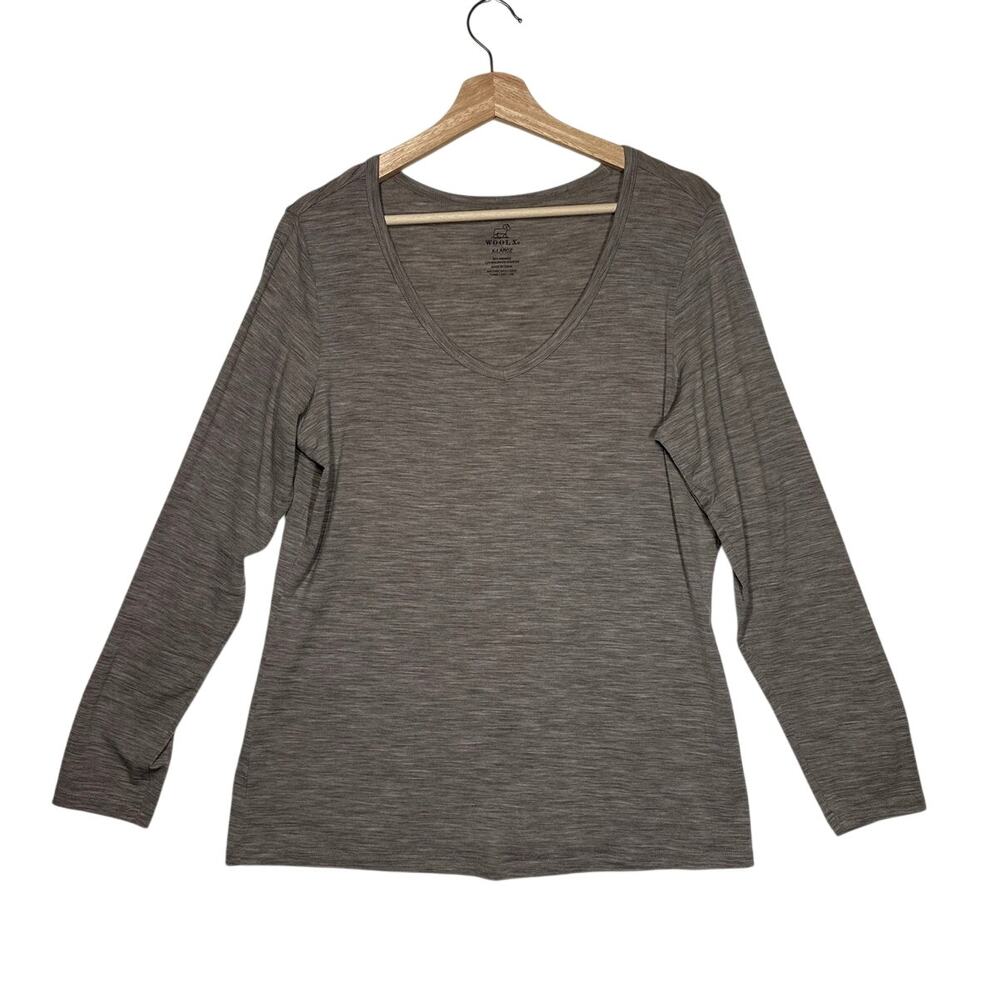WoolX Millie Long Sleeve Merino Wool V Neck Top Womens XL Heathered Taupe Gray